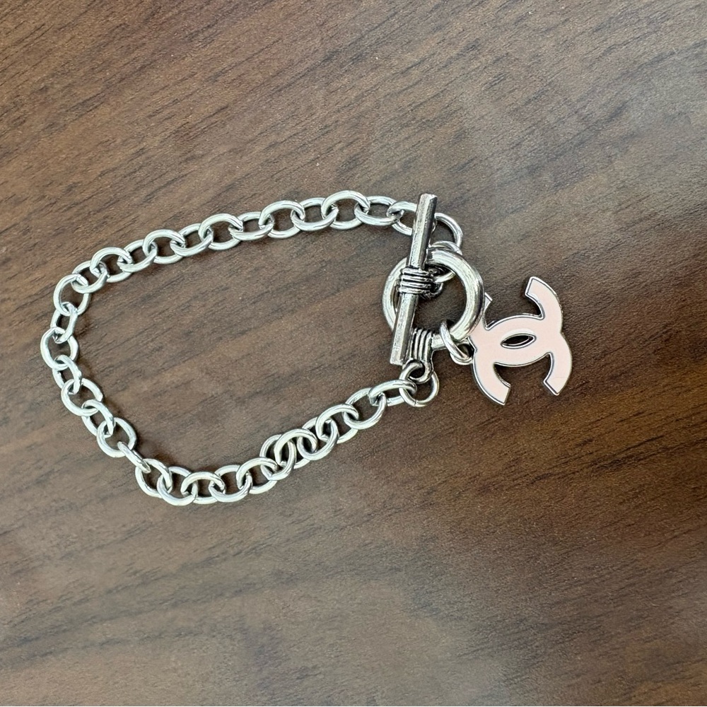 CHANEL Silver Toggle CC Charm Bracelet with Pale Pink Enamel - Picture 3 of 6